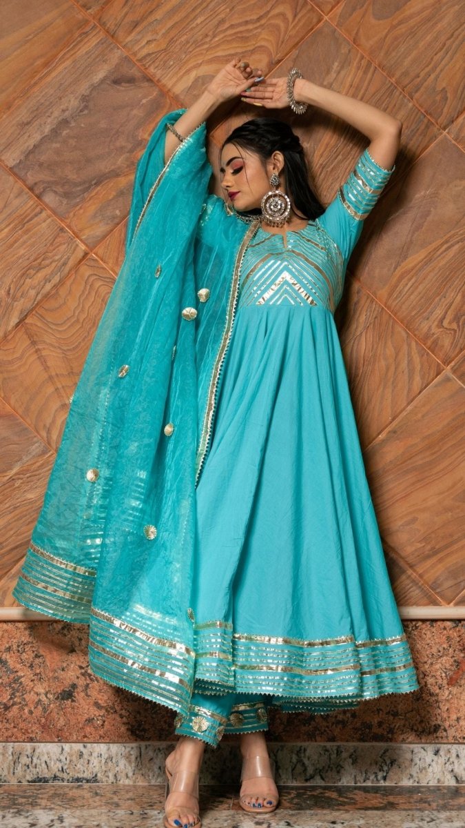 INAYAT BLUE COTTON ANARKALI SET WITH ORGANZA DUPATTA - Pomcha Jaipur