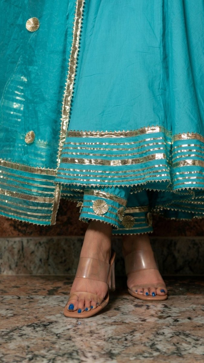 INAYAT BLUE COTTON ANARKALI SET WITH ORGANZA DUPATTA - Pomcha Jaipur