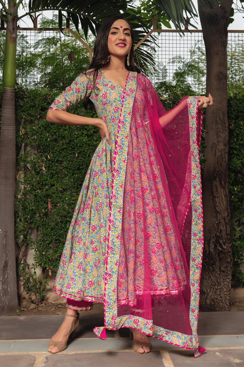 JAIPURI HAND BLOCK COTTON ANARKALI SET WITH SOFT NET DUPATTA - Pomcha Jaipur
