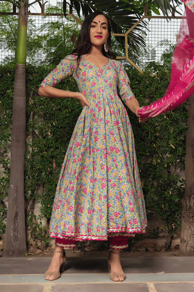 Pomcha Jaipur Jaipuri Hand Block Pure Cotton Anarkali Kurta Suit Set With Soft Net Dupatta
