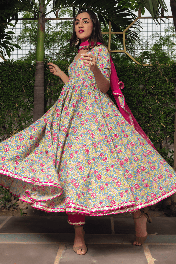 JAIPURI HAND BLOCK COTTON ANARKALI SET WITH SOFT NET DUPATTA - Pomcha Jaipur