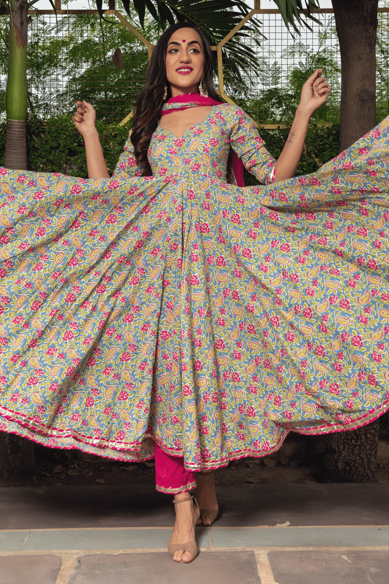 JAIPURI HAND BLOCK COTTON ANARKALI SET WITH SOFT NET DUPATTA - Pomcha Jaipur