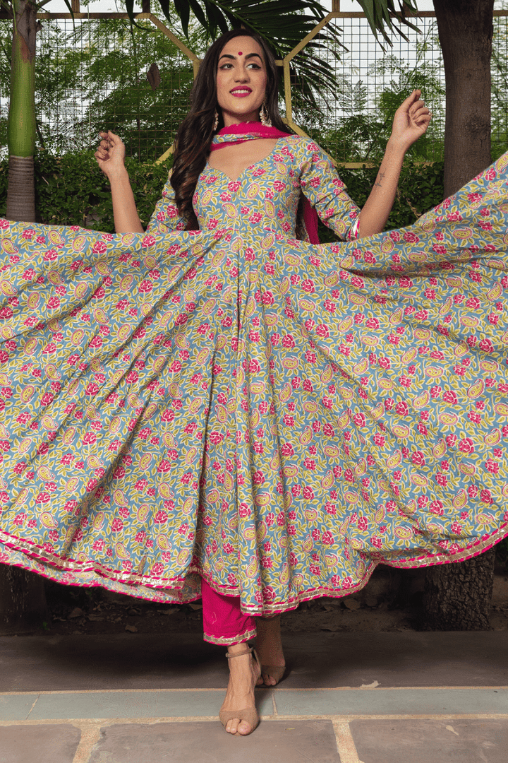 JAIPURI HAND BLOCK COTTON ANARKALI SET WITH SOFT NET DUPATTA - Pomcha Jaipur