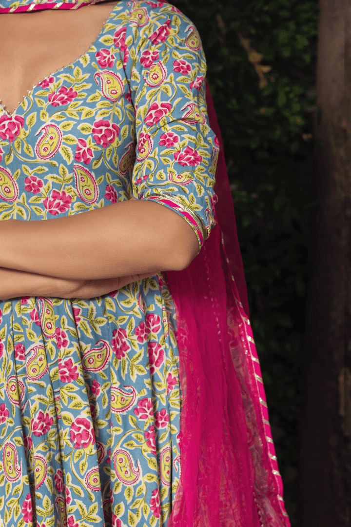 JAIPURI HAND BLOCK COTTON ANARKALI SET WITH SOFT NET DUPATTA - Pomcha Jaipur