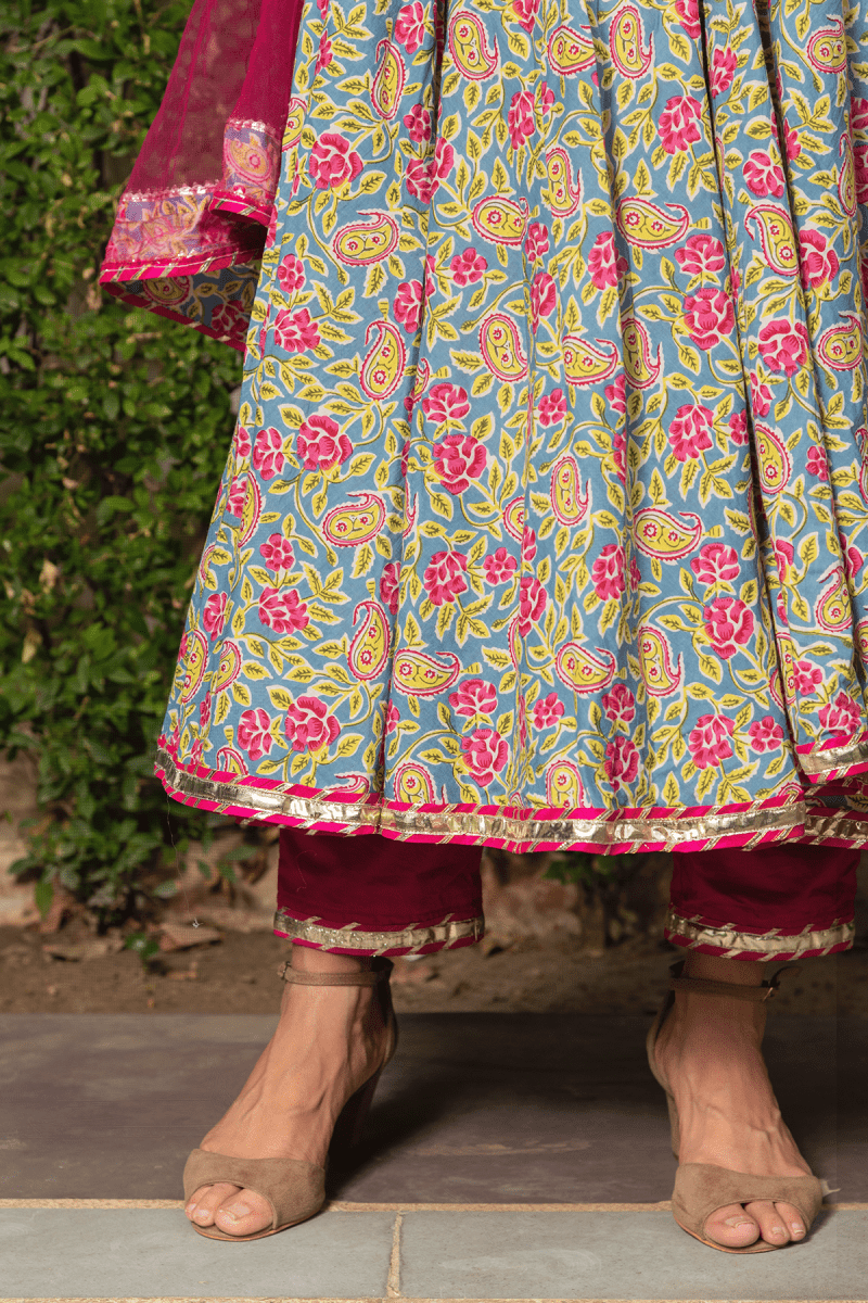 JAIPURI HAND BLOCK COTTON ANARKALI SET WITH SOFT NET DUPATTA - Pomcha Jaipur