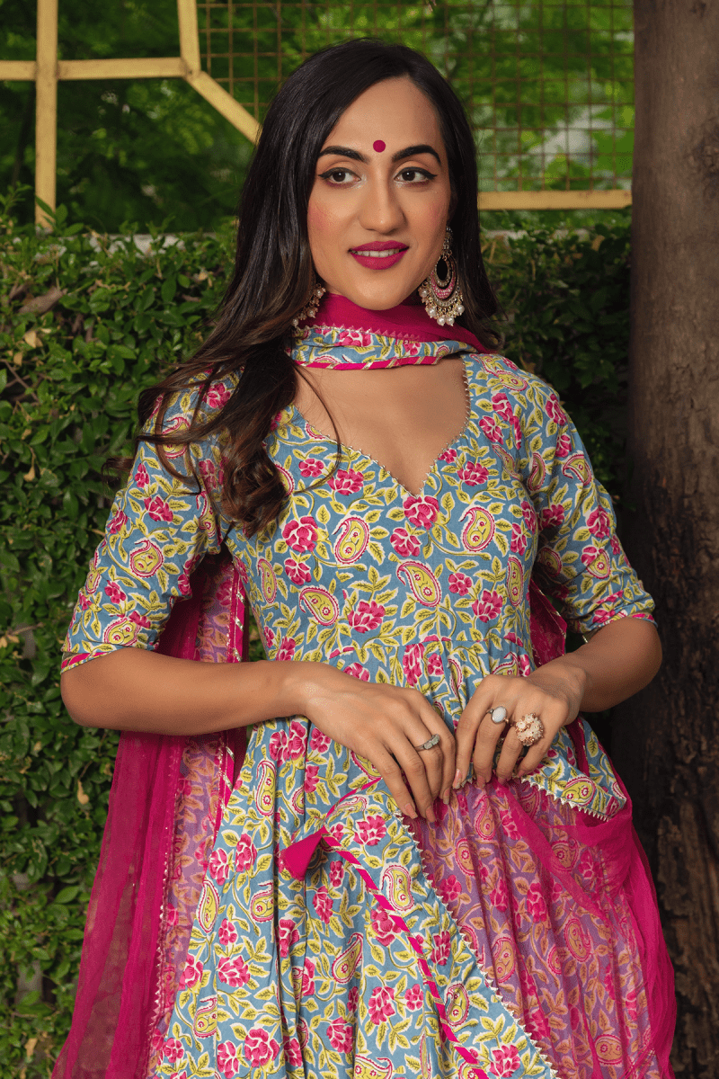 JAIPURI HAND BLOCK COTTON ANARKALI SET WITH SOFT NET DUPATTA - Pomcha Jaipur