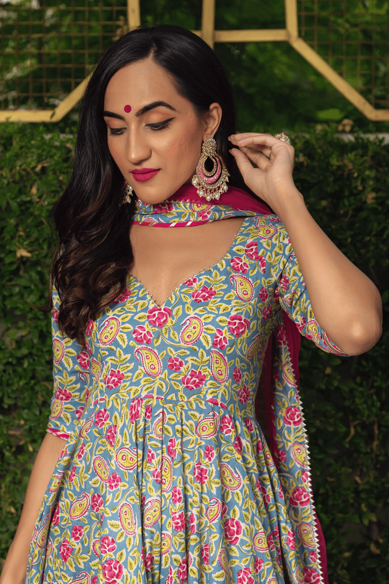 JAIPURI HAND BLOCK COTTON ANARKALI SET WITH SOFT NET DUPATTA - Pomcha Jaipur