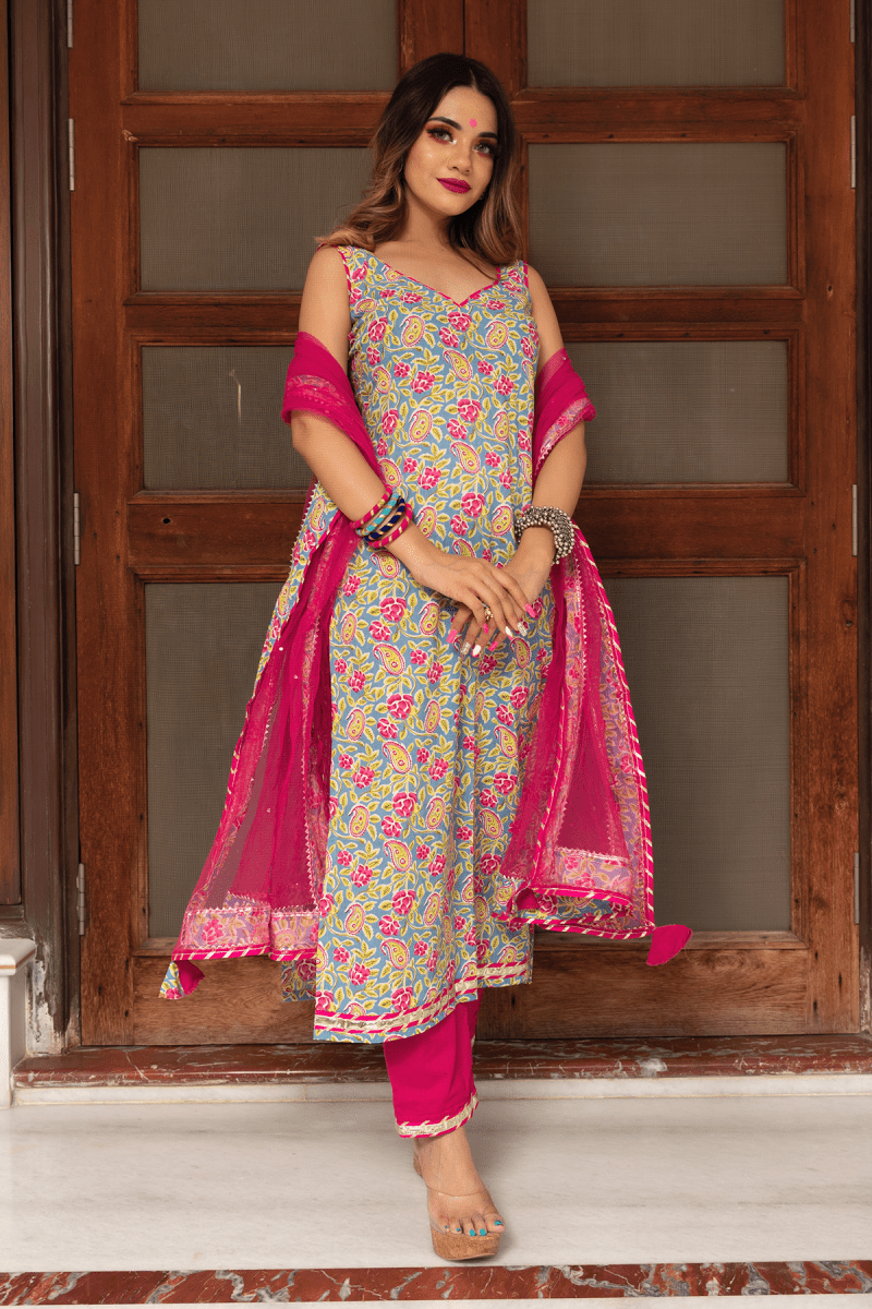 JAIPURI STRAIGHT COTTON SUIT SET - Pomcha Jaipur