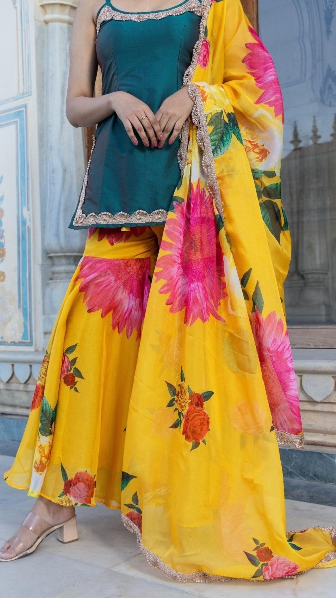 JHILMIL GREEN YELLOW SHARARA SET - Pomcha Jaipur