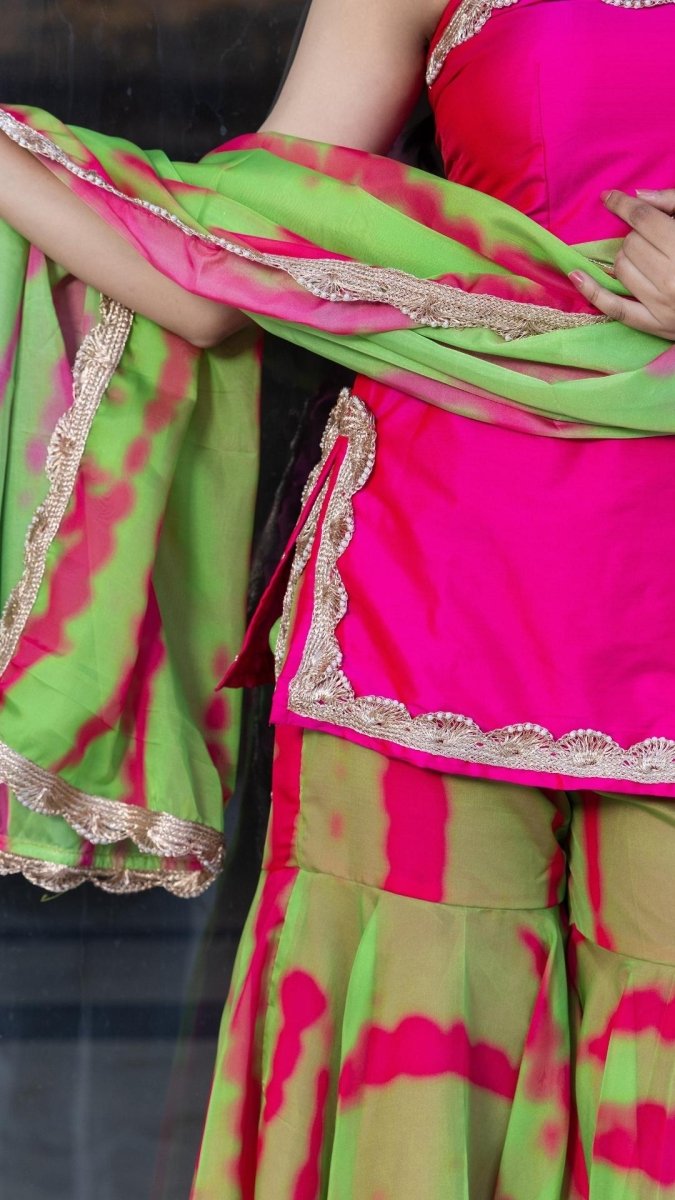 JHILMIL PINK GREEN SHARARA SET - Pomcha Jaipur