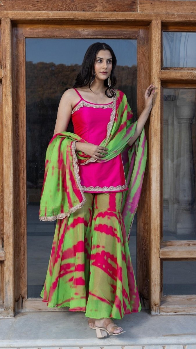 JHILMIL PINK GREEN SHARARA SET - Pomcha Jaipur
