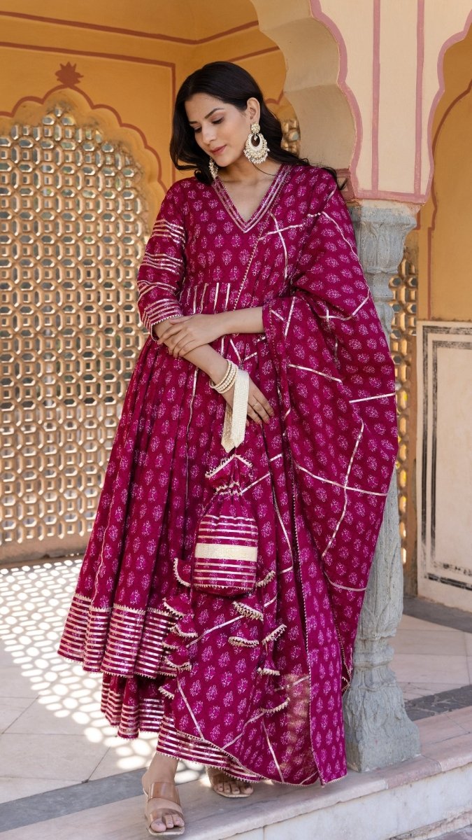 JUMARI COTTON HAND BLOCK PRINT BOOTI ANARKALI SET WITH JAAL WORK DUPATTA - Pomcha Jaipur