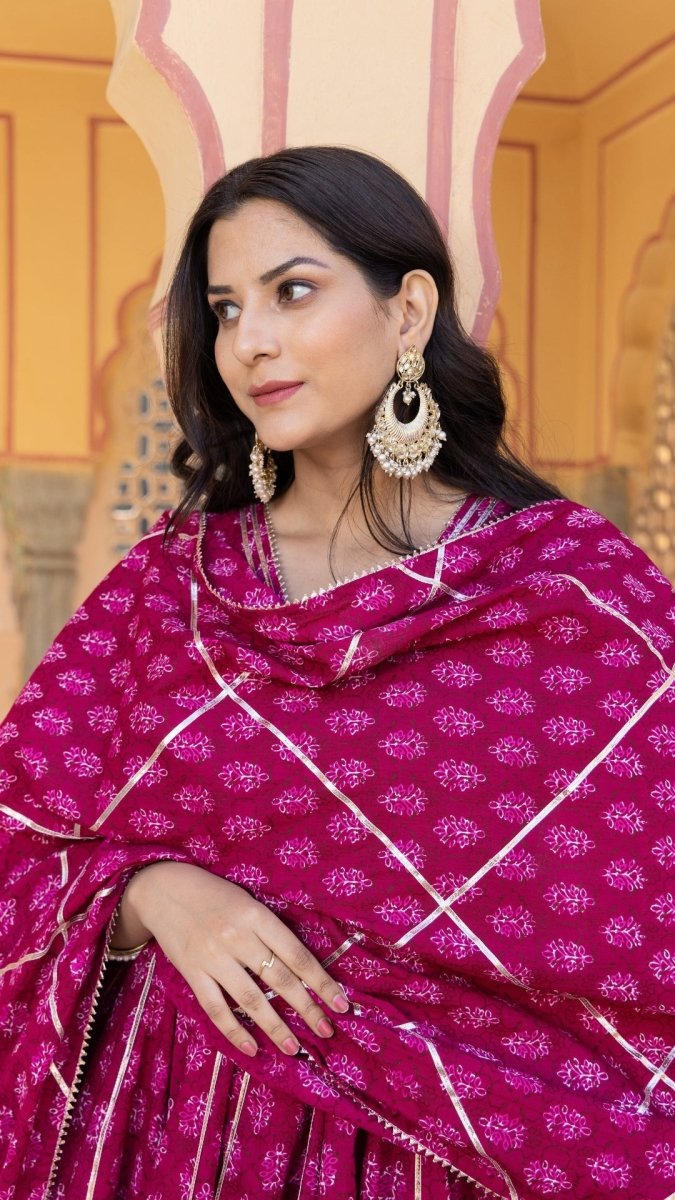 JUMARI COTTON HAND BLOCK PRINT BOOTI ANARKALI SET WITH JAAL WORK DUPATTA - Pomcha Jaipur