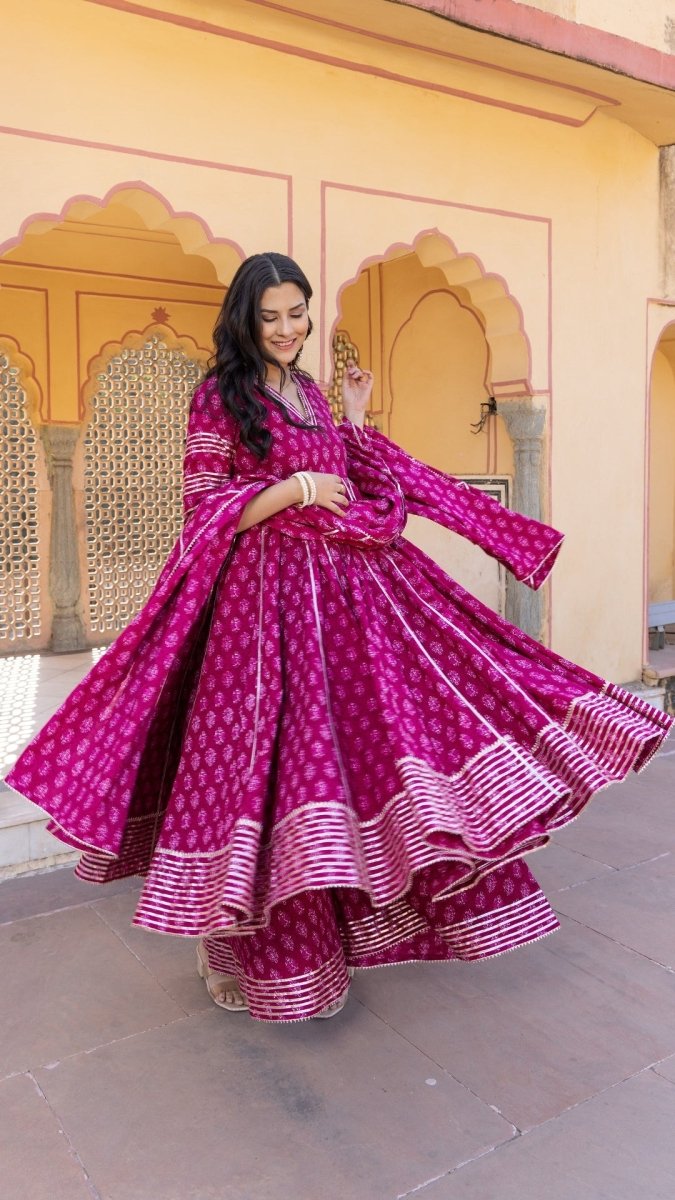 JUMARI COTTON HAND BLOCK PRINT BOOTI ANARKALI SET WITH JAAL WORK DUPATTA - Pomcha Jaipur