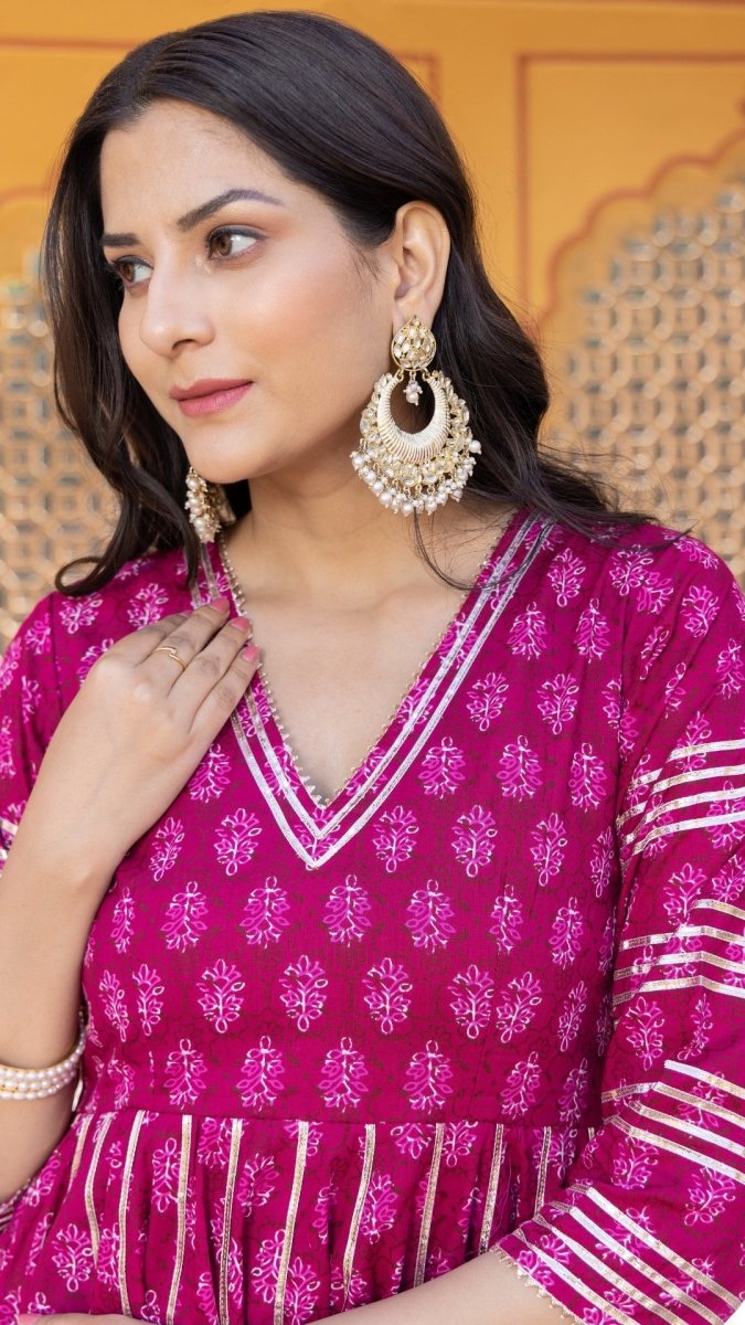 JUMARI COTTON HAND BLOCK PRINT BOOTI ANARKALI SET WITH JAAL WORK DUPATTA - Pomcha Jaipur