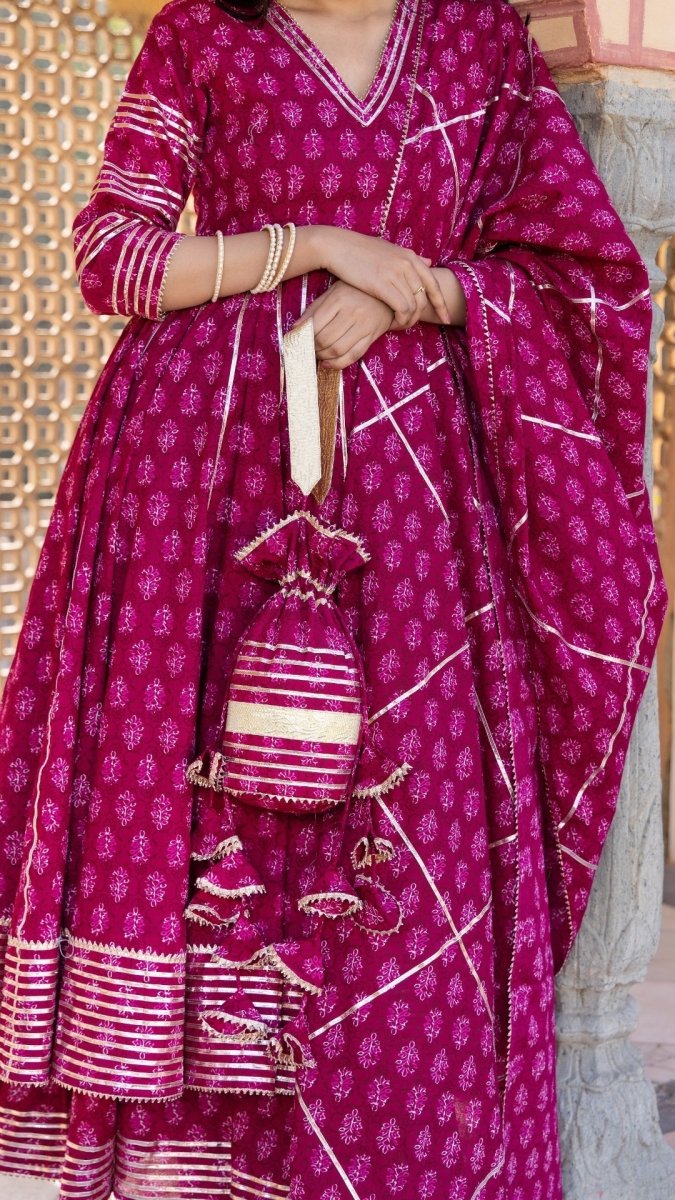 JUMARI COTTON HAND BLOCK PRINT BOOTI ANARKALI SET WITH JAAL WORK DUPATTA - Pomcha Jaipur