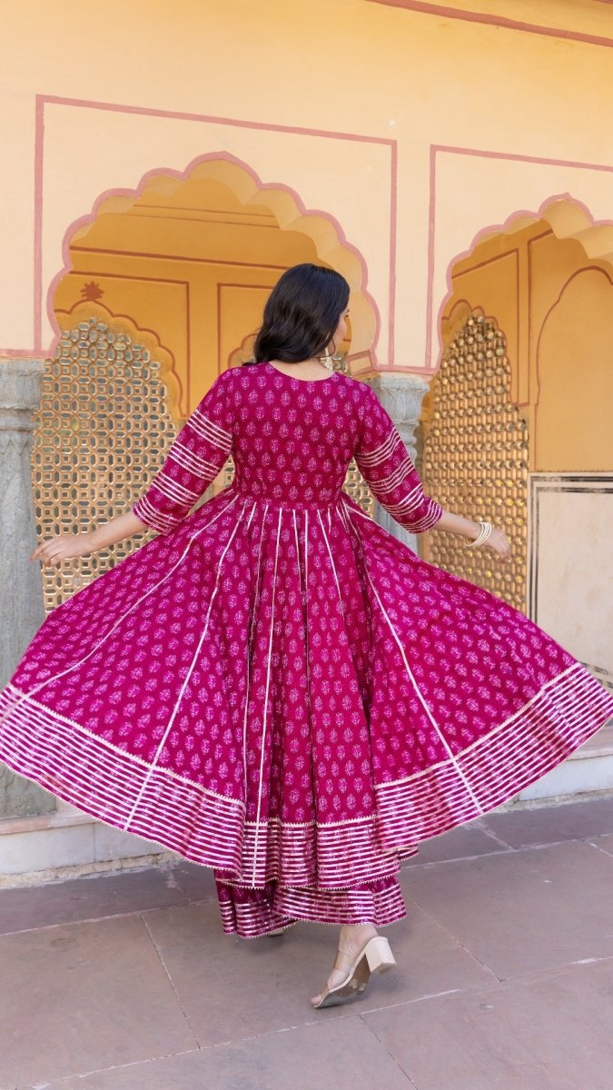 JUMARI COTTON HAND BLOCK PRINT BOOTI ANARKALI SET WITH JAAL WORK DUPATTA - Pomcha Jaipur