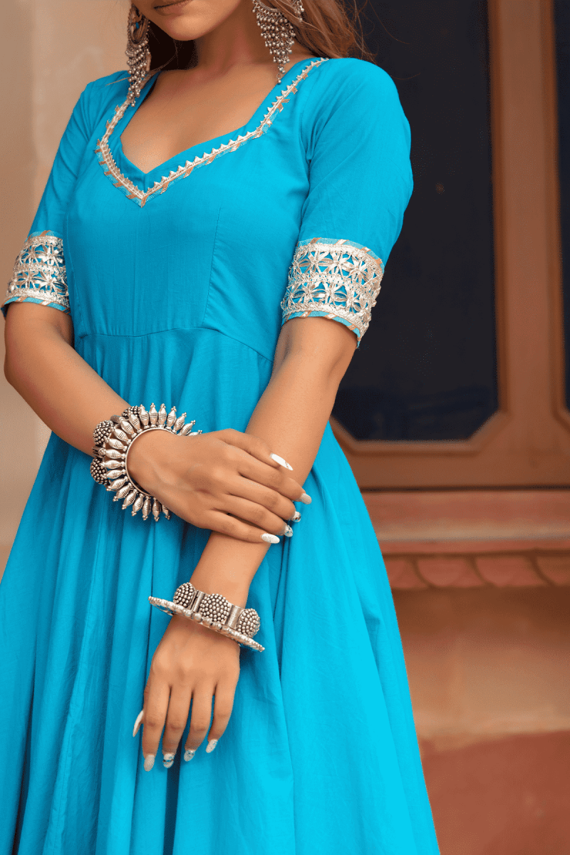 KALAMKARI BLUE PURE COTTON ANARKALI SET WITH SOFT NET DUPATTA - Pomcha Jaipur