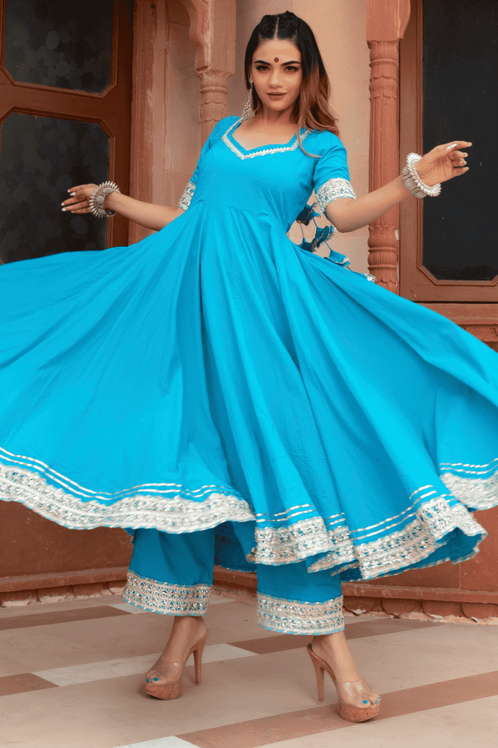 KALAMKARI BLUE PURE COTTON ANARKALI SET WITH SOFT NET DUPATTA - Pomcha Jaipur