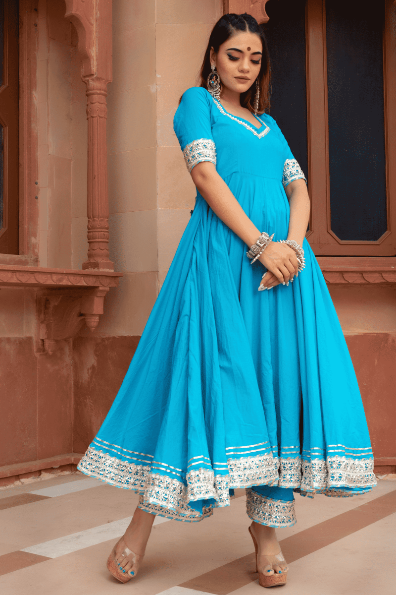 KALAMKARI BLUE PURE COTTON ANARKALI SET WITH SOFT NET DUPATTA - Pomcha Jaipur