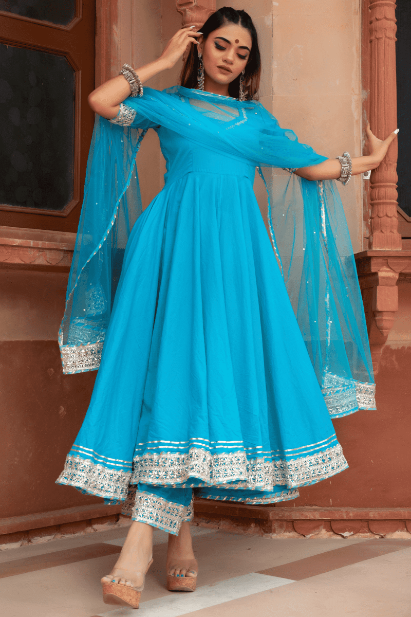KALAMKARI BLUE PURE COTTON ANARKALI SET WITH SOFT NET DUPATTA - Pomcha Jaipur