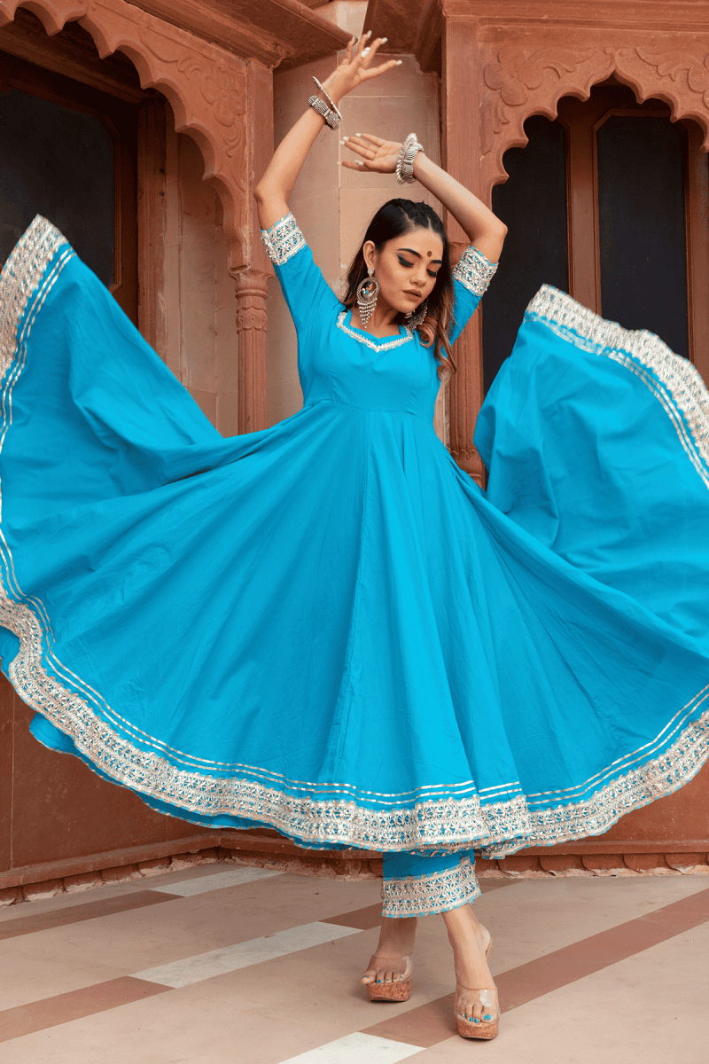 KALAMKARI BLUE PURE COTTON ANARKALI SET WITH SOFT NET DUPATTA - Pomcha Jaipur
