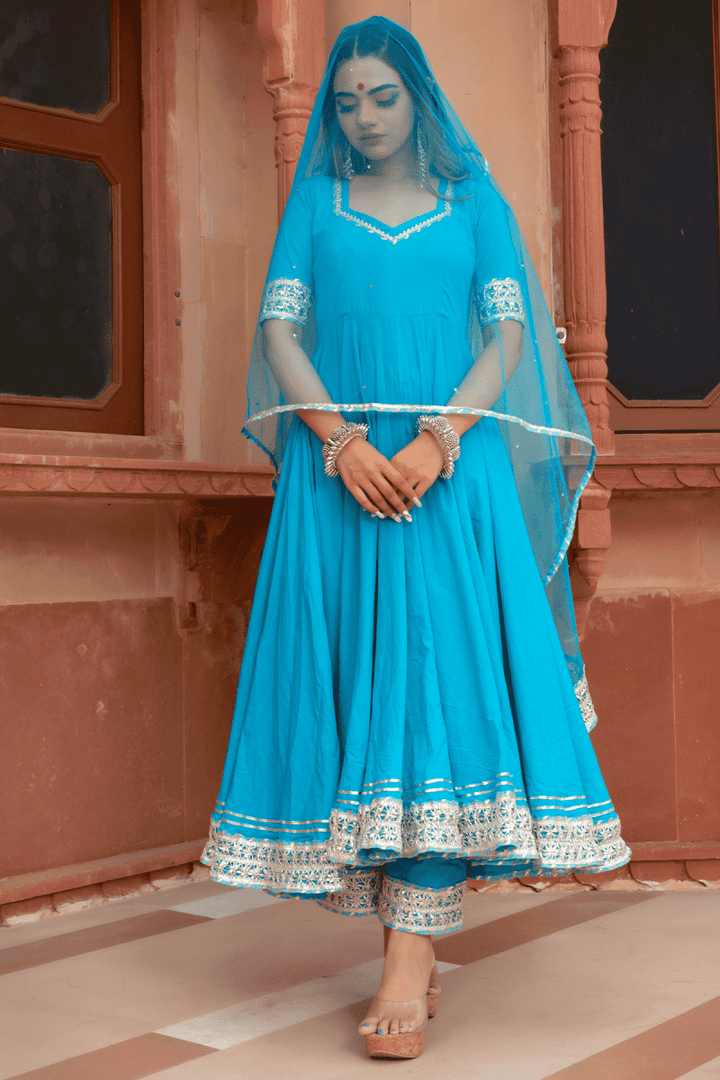 KALAMKARI BLUE PURE COTTON ANARKALI SET WITH SOFT NET DUPATTA - Pomcha Jaipur