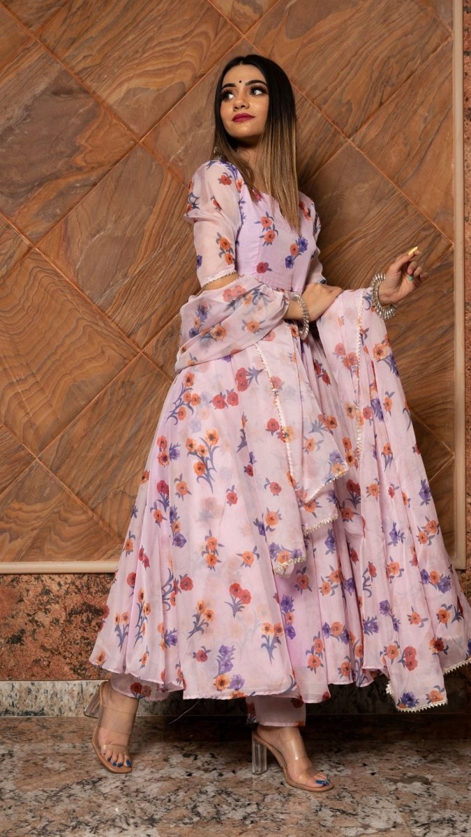 LAVENDER GANGAUR PRINTED ORGANZA ANARKALI WITH ORGANZA DUPATTA - Pomcha Jaipur