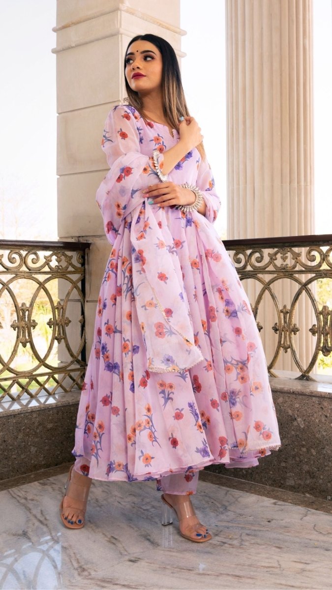 LAVENDER GANGAUR PRINTED ORGANZA ANARKALI WITH ORGANZA DUPATTA - Pomcha Jaipur