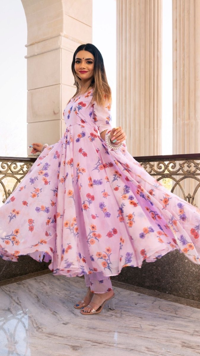 LAVENDER GANGAUR PRINTED ORGANZA ANARKALI WITH ORGANZA DUPATTA - Pomcha Jaipur