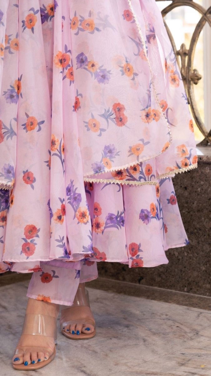 LAVENDER GANGAUR PRINTED ORGANZA ANARKALI WITH ORGANZA DUPATTA - Pomcha Jaipur