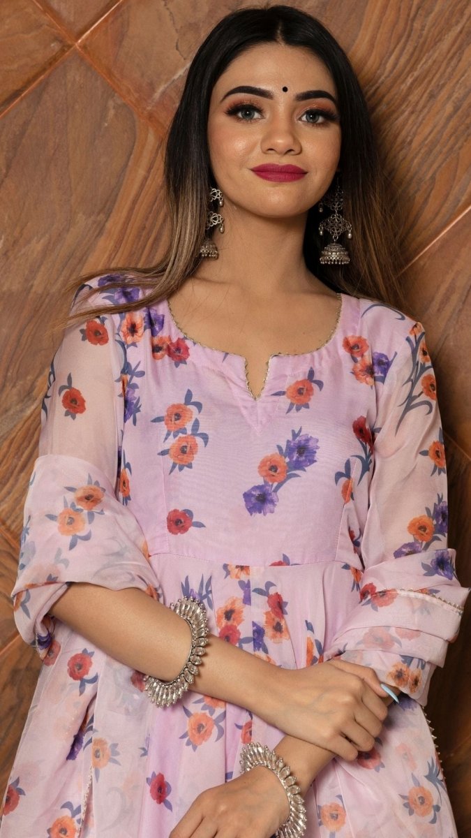 LAVENDER GANGAUR PRINTED ORGANZA ANARKALI WITH ORGANZA DUPATTA - Pomcha Jaipur
