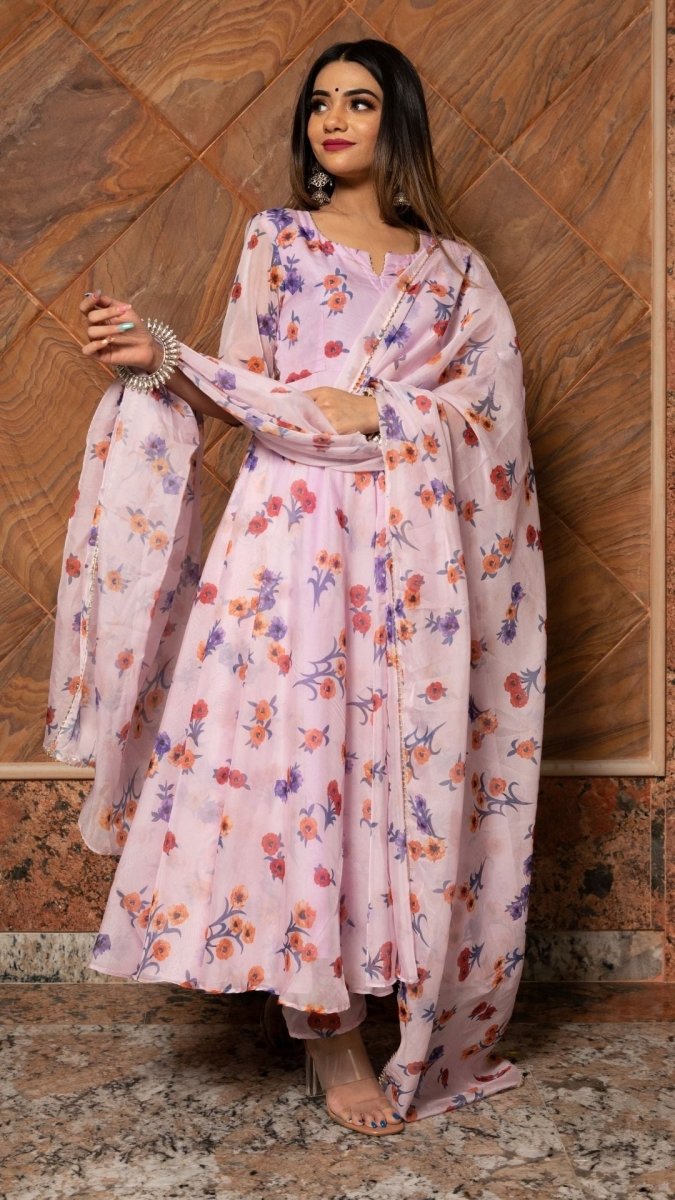 LAVENDER GANGAUR PRINTED ORGANZA ANARKALI WITH ORGANZA DUPATTA - Pomcha Jaipur