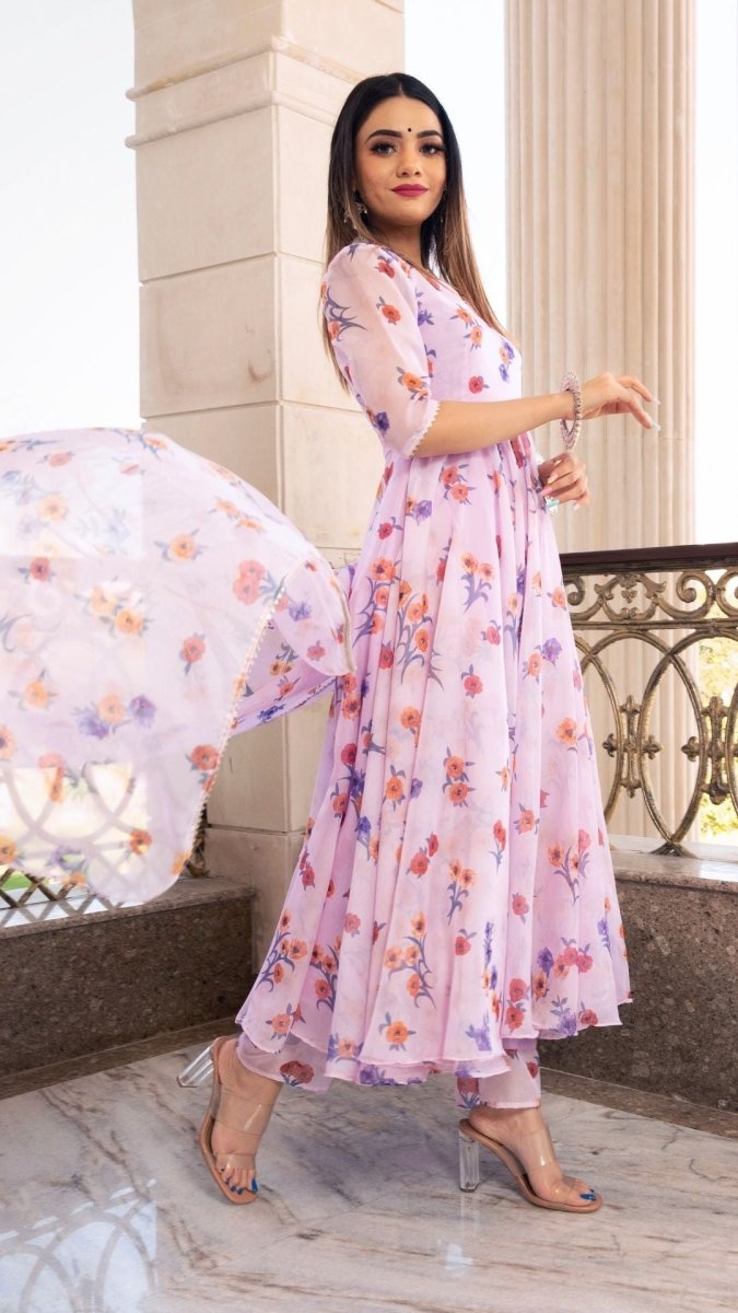 LAVENDER GANGAUR PRINTED ORGANZA ANARKALI WITH ORGANZA DUPATTA - Pomcha Jaipur