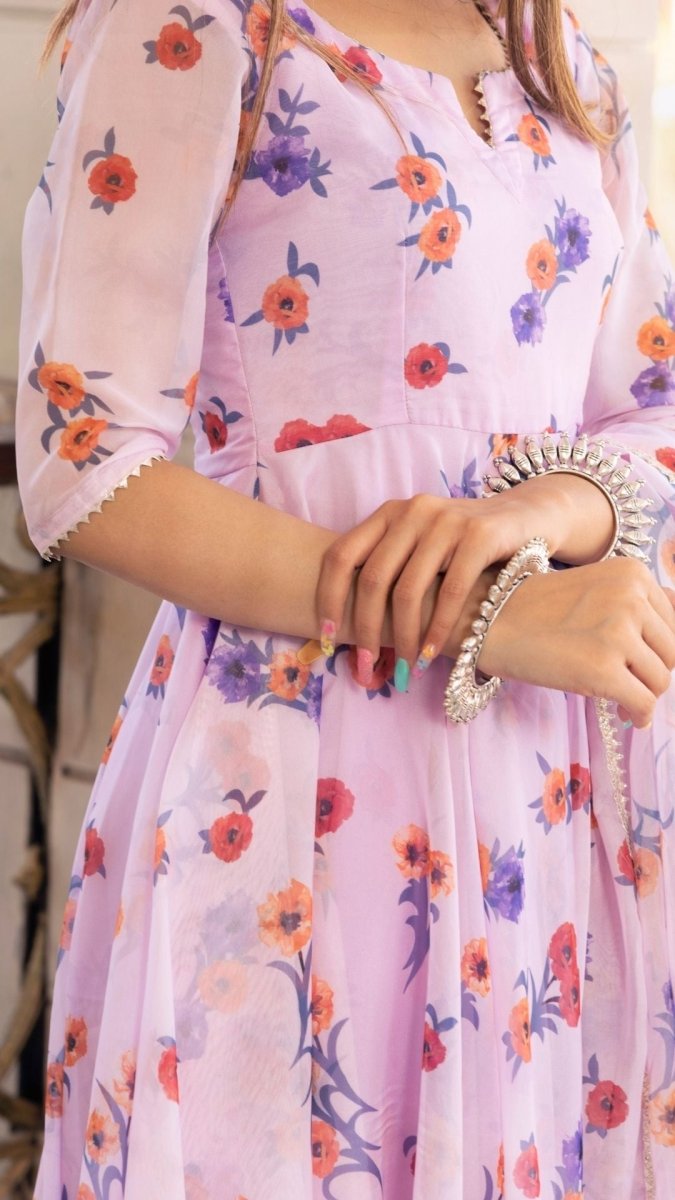 LAVENDER GANGAUR PRINTED ORGANZA ANARKALI WITH ORGANZA DUPATTA - Pomcha Jaipur