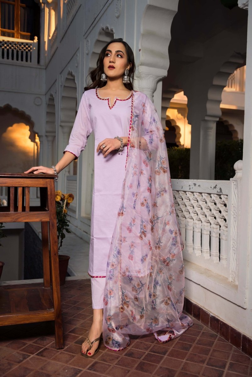 Lavender Pure Cotton Straight Kurta pant set with organza dupatta - Pomcha Jaipur