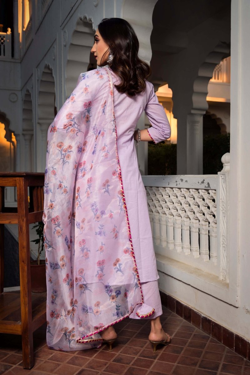 Lavender Pure Cotton Straight Kurta pant set with organza dupatta - Pomcha Jaipur