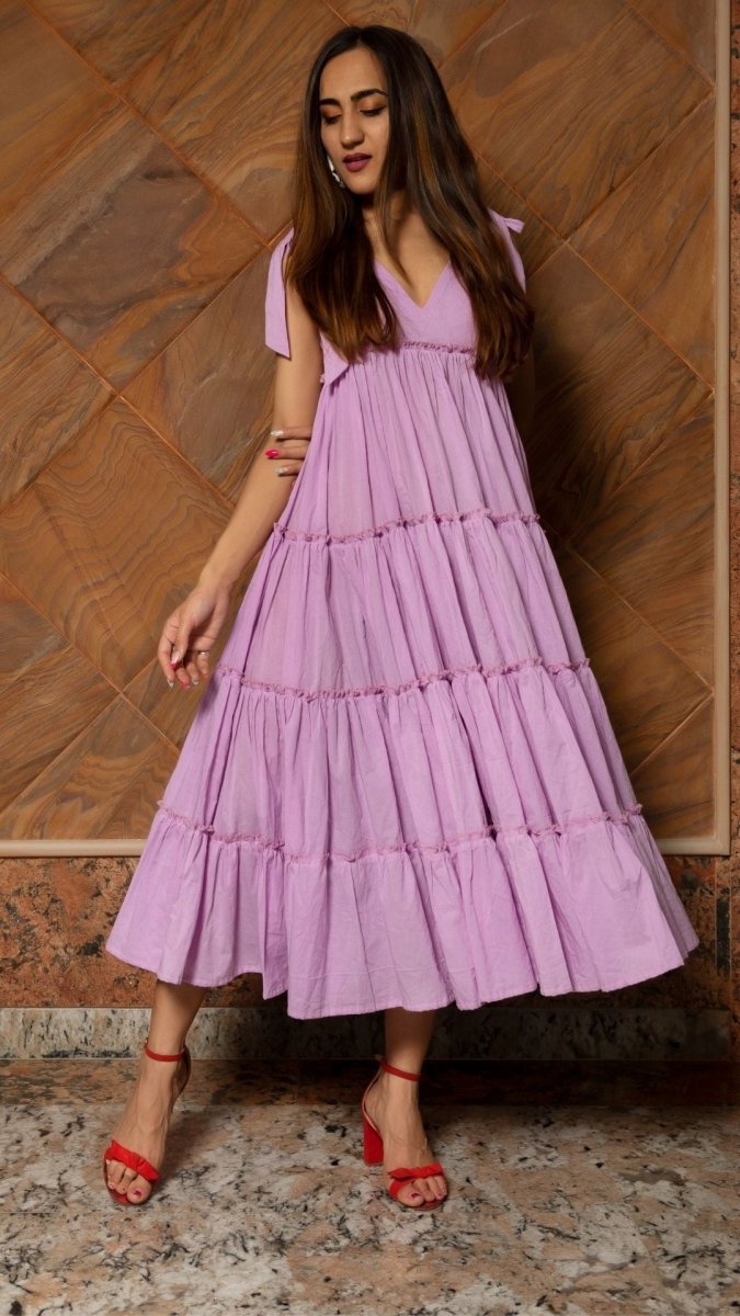 LAVENDER PURE COTTON TIERED DRESS - Pomcha Jaipur