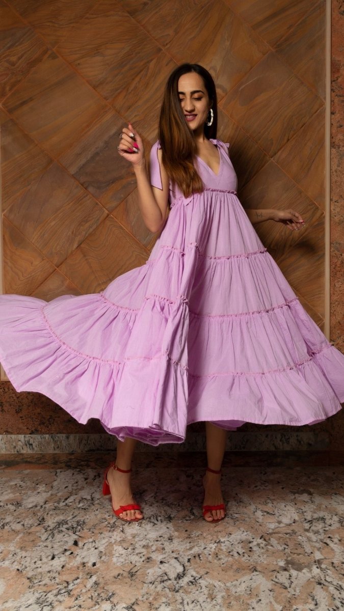 LAVENDER PURE COTTON TIERED DRESS - Pomcha Jaipur