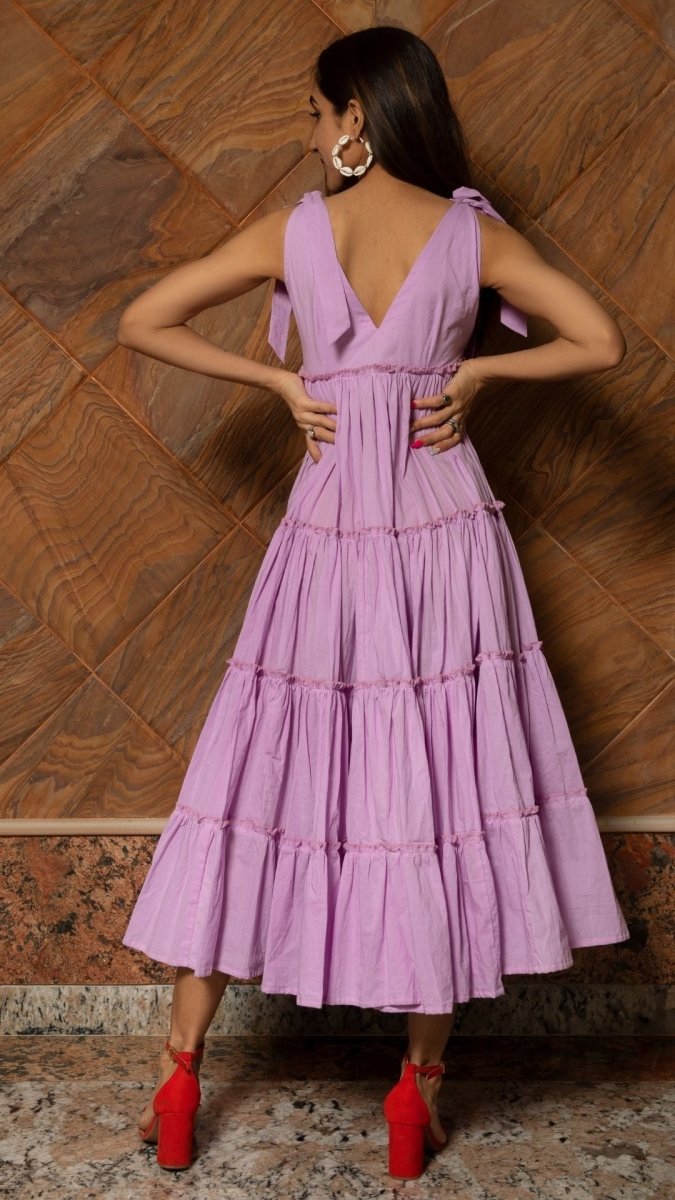 LAVENDER PURE COTTON TIERED DRESS - Pomcha Jaipur