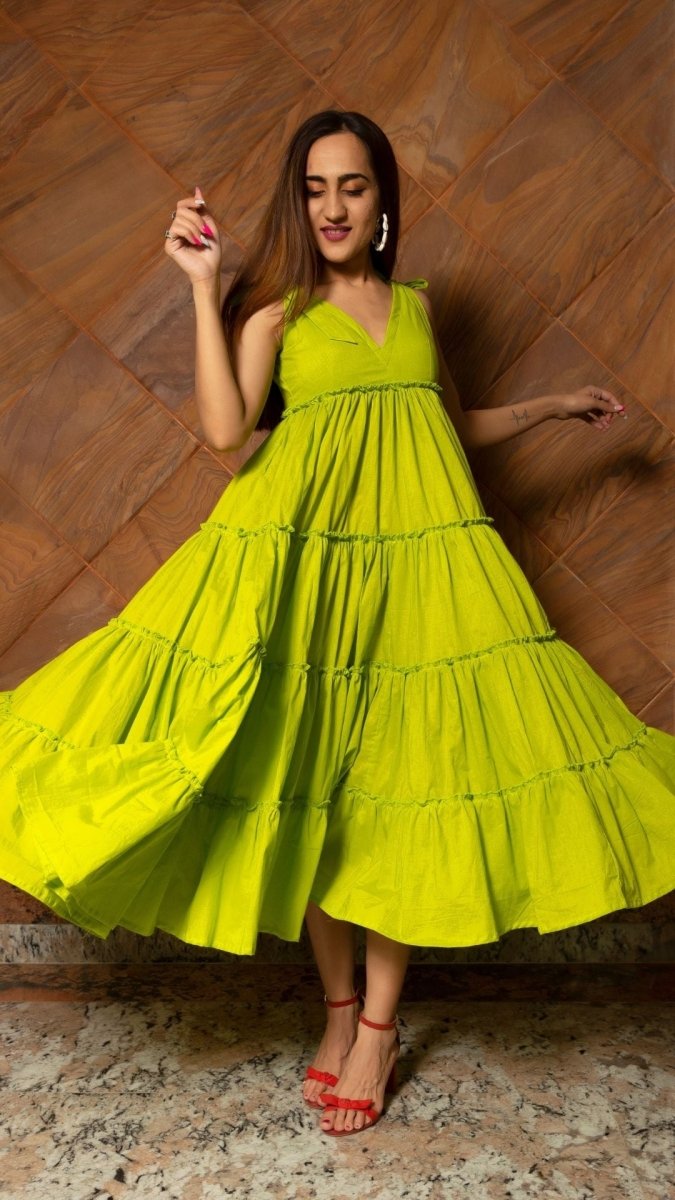 LAWN GREEN PURE COTTON TIERED DRESS - Pomcha Jaipur