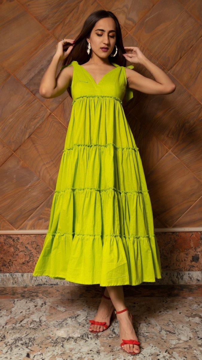 LAWN GREEN PURE COTTON TIERED DRESS - Pomcha Jaipur