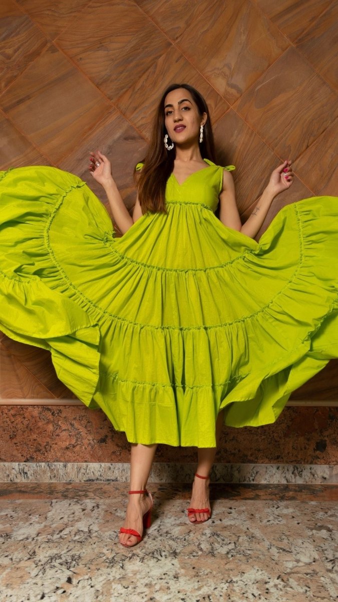 LAWN GREEN PURE COTTON TIERED DRESS - Pomcha Jaipur