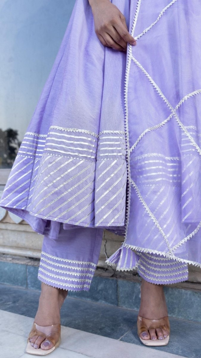 LILAC COTTON SILK GOTTA JAAL ANARKALI SET - Pomcha Jaipur