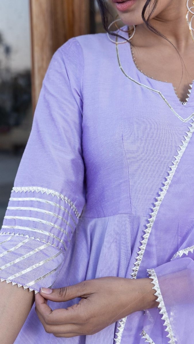 LILAC COTTON SILK GOTTA JAAL ANARKALI SET - Pomcha Jaipur