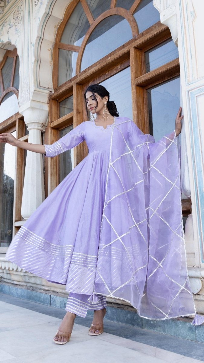 LILAC COTTON SILK GOTTA JAAL ANARKALI SET - Pomcha Jaipur