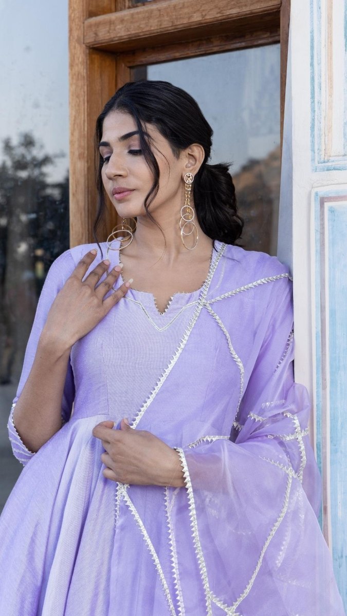 LILAC COTTON SILK GOTTA JAAL ANARKALI SET - Pomcha Jaipur
