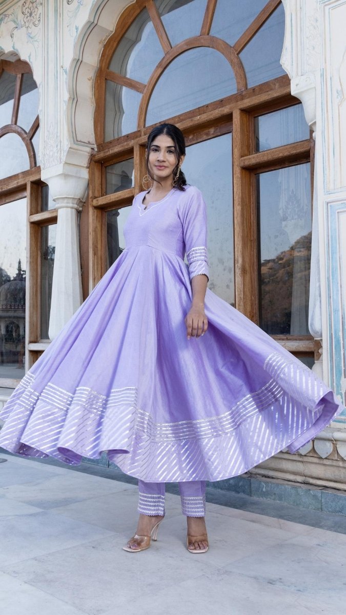LILAC COTTON SILK GOTTA JAAL ANARKALI SET - Pomcha Jaipur