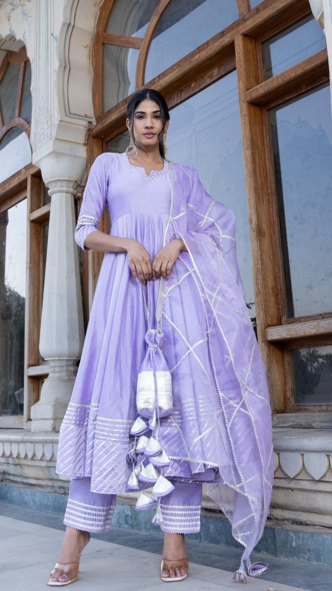 LILAC COTTON SILK GOTTA JAAL ANARKALI SET - Pomcha Jaipur