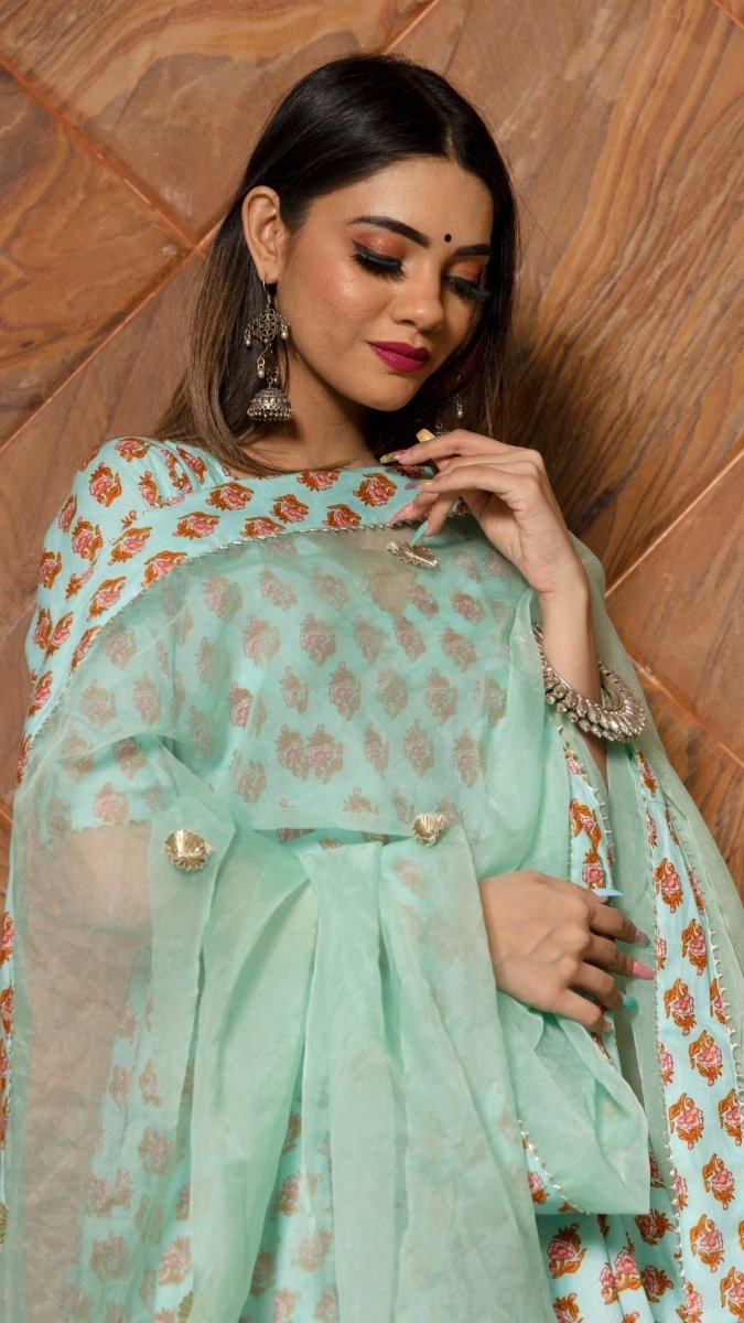 LILLY OF VALLEY HAND BLOCK ANARKALI SET WITH ORGANZA DUPATTA - Pomcha Jaipur